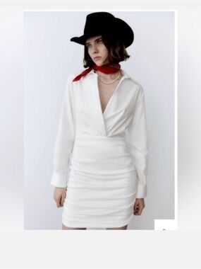 Zara White Long-Sleeve V-Neck Ruched Mini Dress